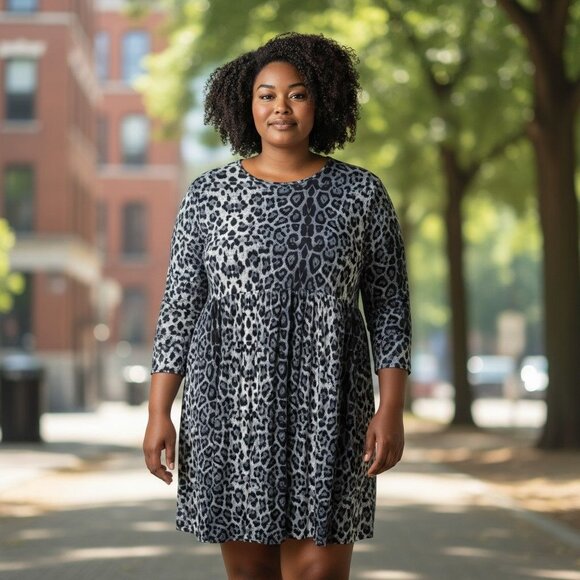 DB Moon 2XL Leopard Print Long Sleeve Dress W/ Pockets pair w/boots or heels - Picture 2 of 14